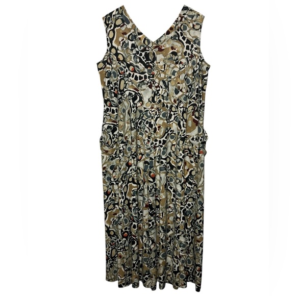 Vintage Pants - Boho Artsy Abstract Print Flowy Sleeveless Wide Leg Jumpsuit Art to Wear L
